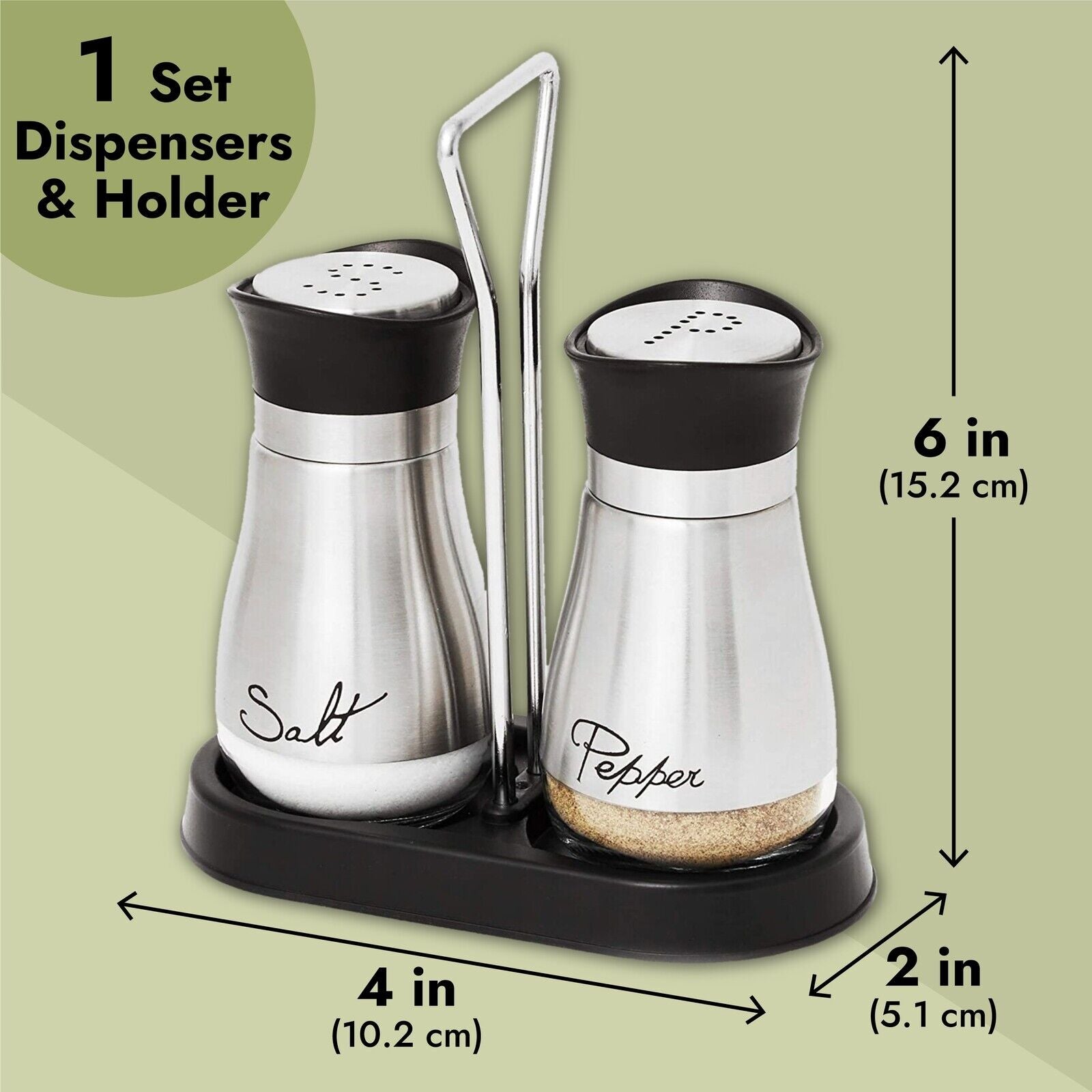 3 Piece Stainless Steel Salt and Pepper Shakers Set with Holder (4 Oz)