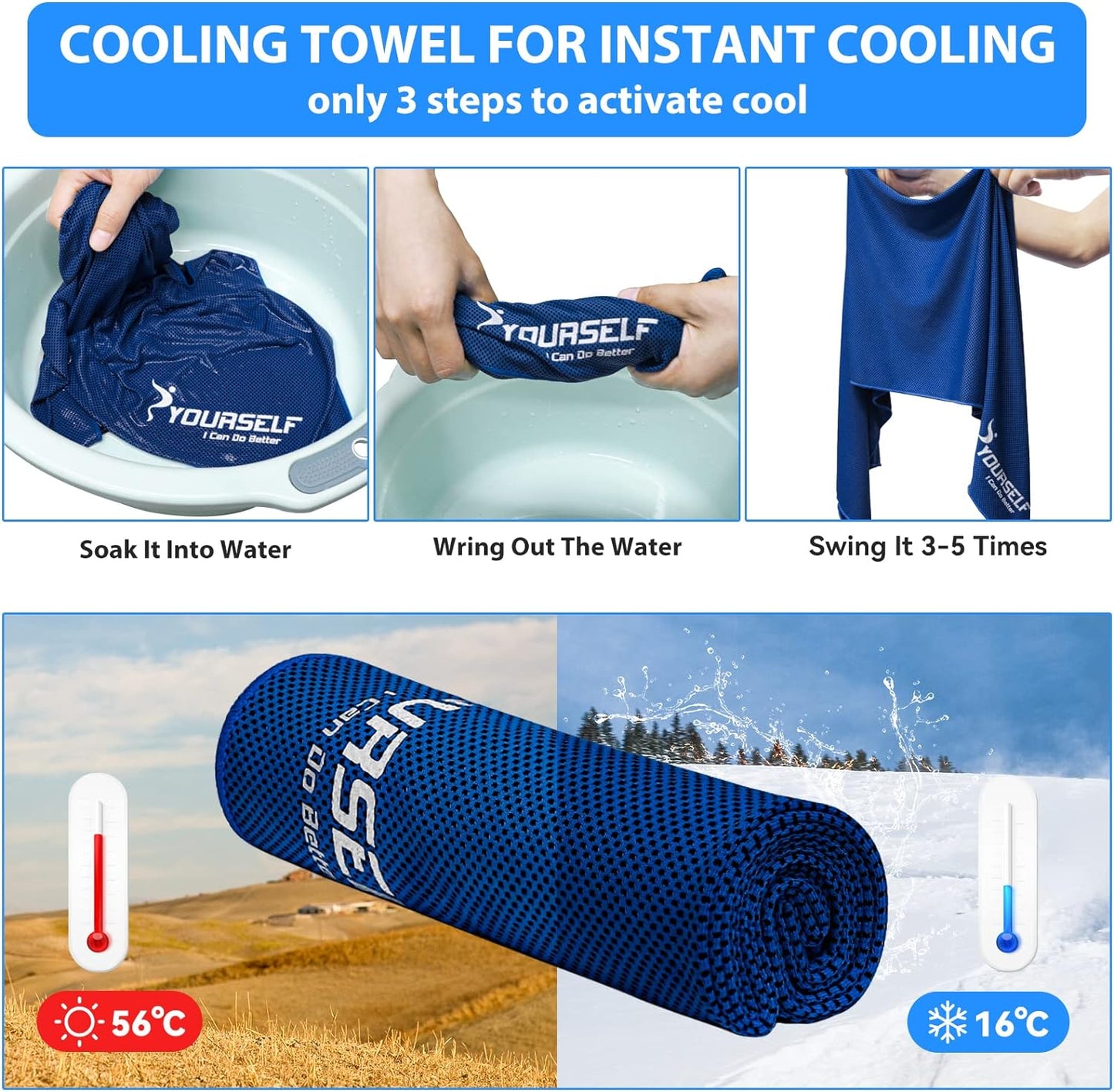 Cooling Towel, Cooling Towels for Neck,4 Pack 40" X 12"Ice Towel for Instant Cooling Relief, Soft Breathable Chilly Towel, Perfect Yoga, Golf, Sports, Athletes, Camping Towel(Dblue)