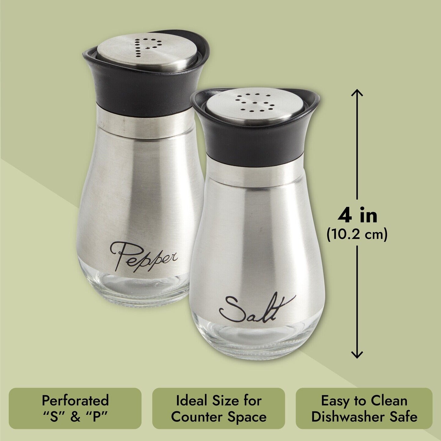 3 Piece Stainless Steel Salt and Pepper Shakers Set with Holder (4 Oz)