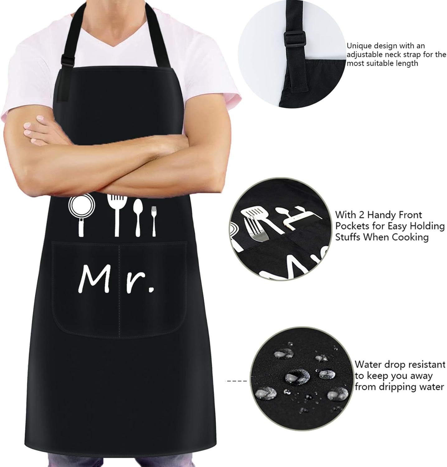 Mr and Mrs Couple Aprons Set, His and Her Adjustable Kitchen Cooking Apron Wedding Bridal Shower Gifts for Couples