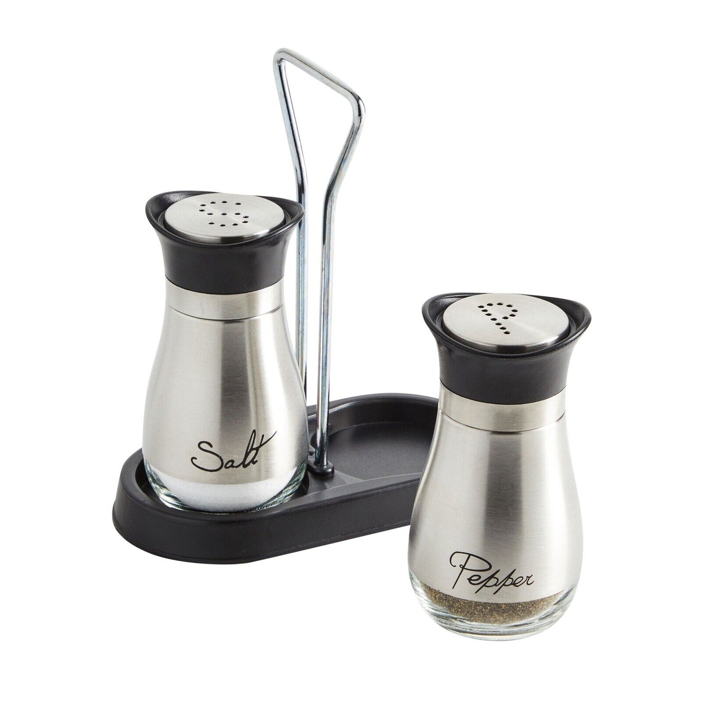 3 Piece Stainless Steel Salt and Pepper Shakers Set with Holder (4 Oz)