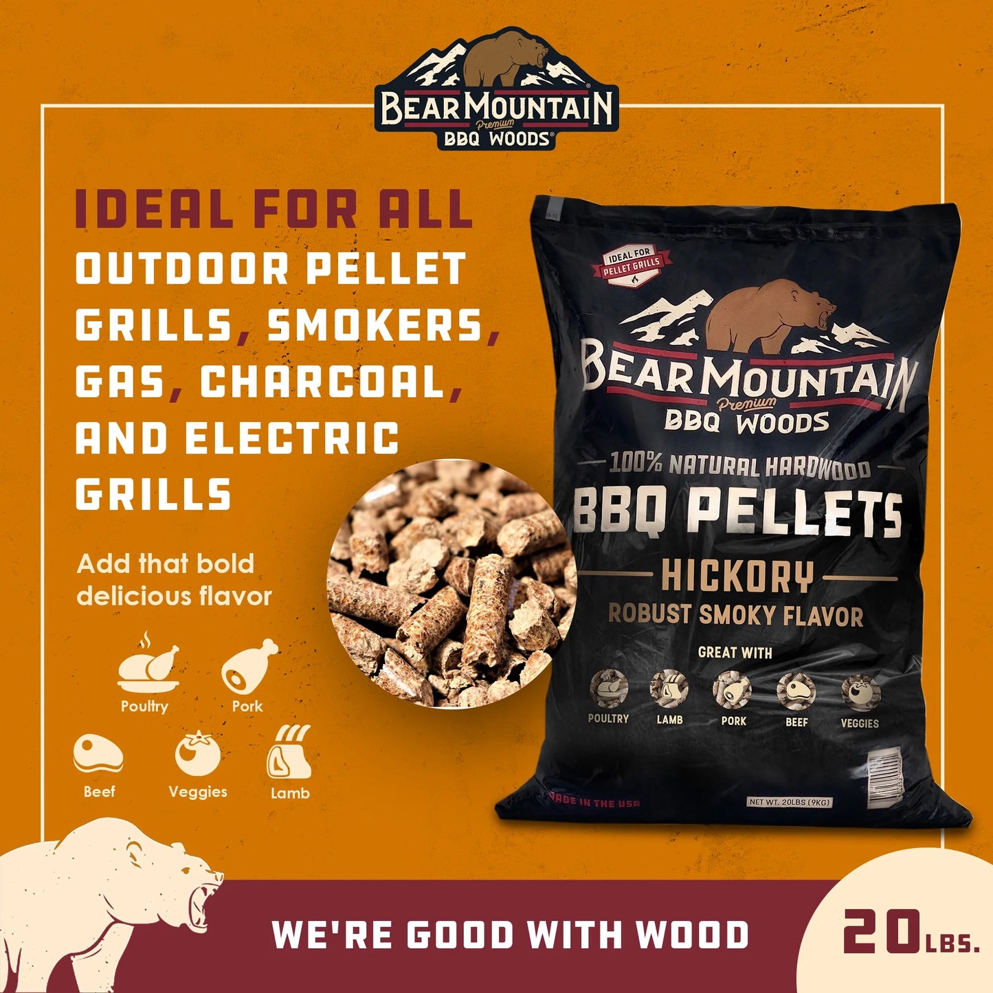 All-Natural Hardwood Hickory Smoker Pellets, 20 Pounds