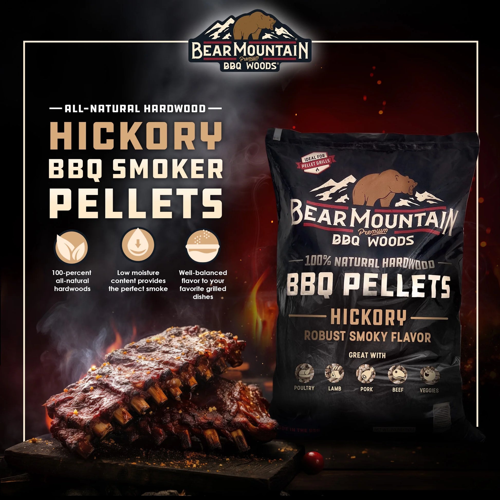 All-Natural Hardwood Hickory Smoker Pellets, 20 Pounds