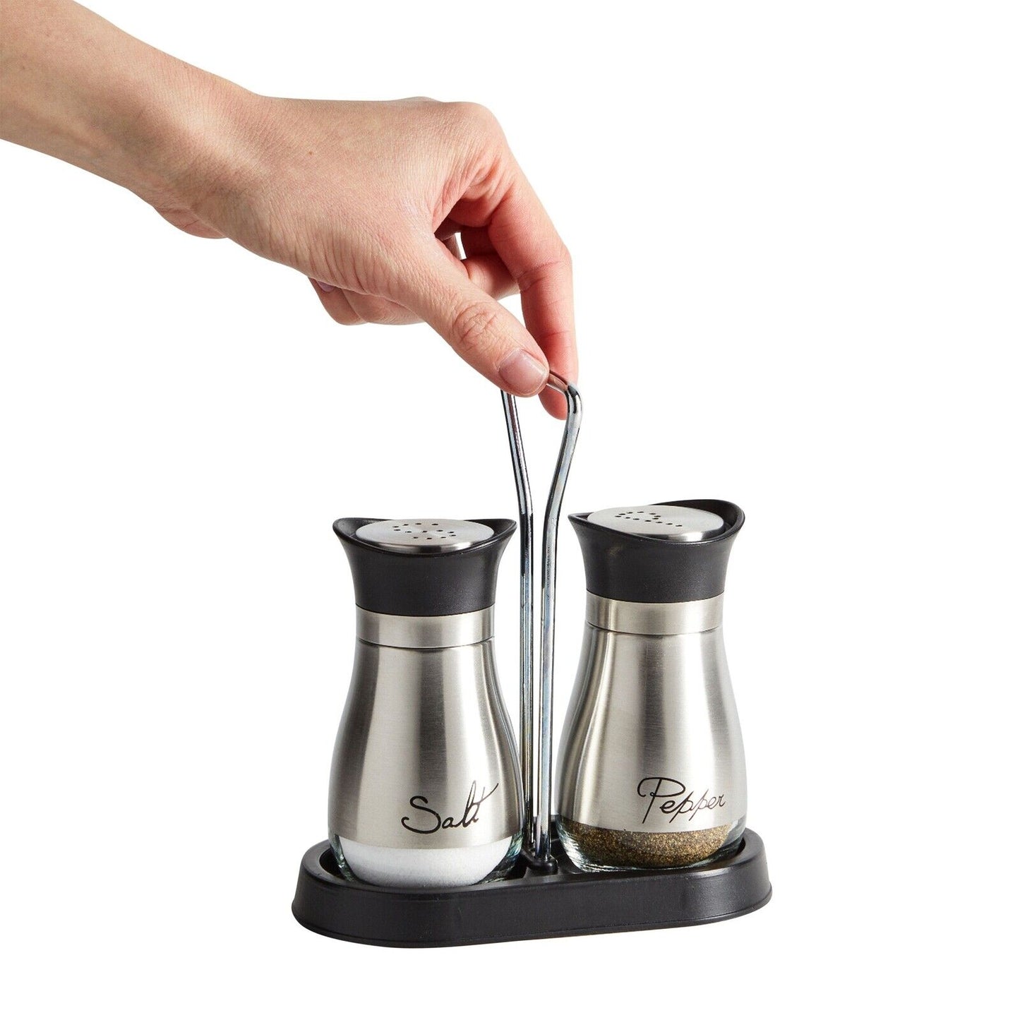 3 Piece Stainless Steel Salt and Pepper Shakers Set with Holder (4 Oz)