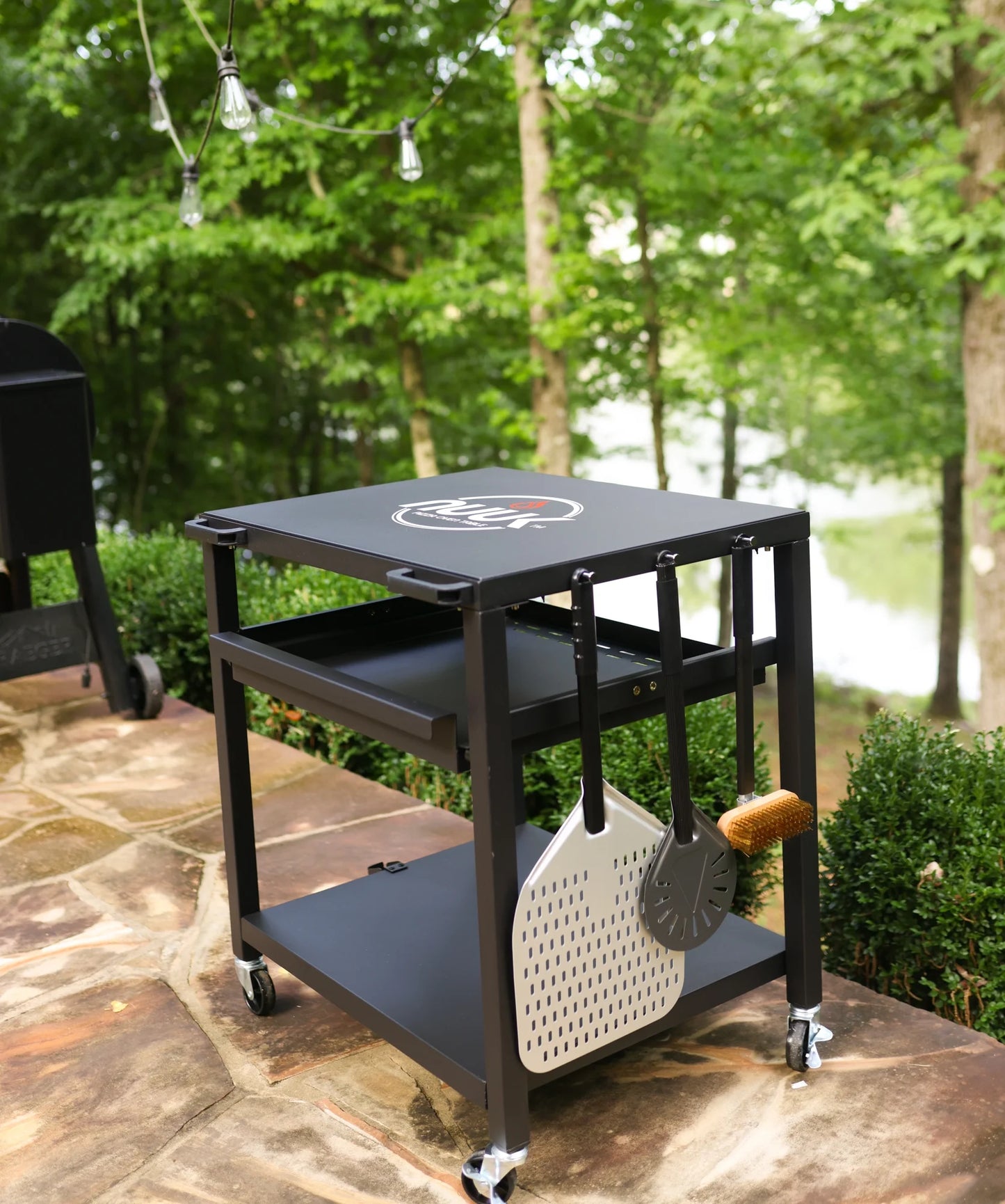 Heavy Duty Rolling Outdoor Pizza Oven Table 33.50 Inches Multifunctional Food Prep Worktable on Wheels, Black