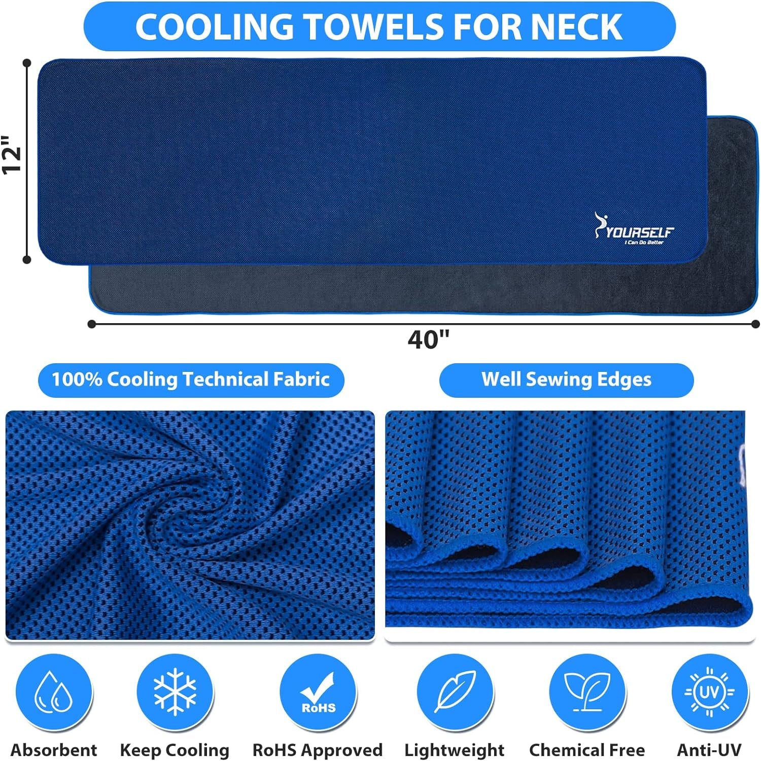 Cooling Towel, Cooling Towels for Neck,4 Pack 40" X 12"Ice Towel for Instant Cooling Relief, Soft Breathable Chilly Towel, Perfect Yoga, Golf, Sports, Athletes, Camping Towel(Dblue)