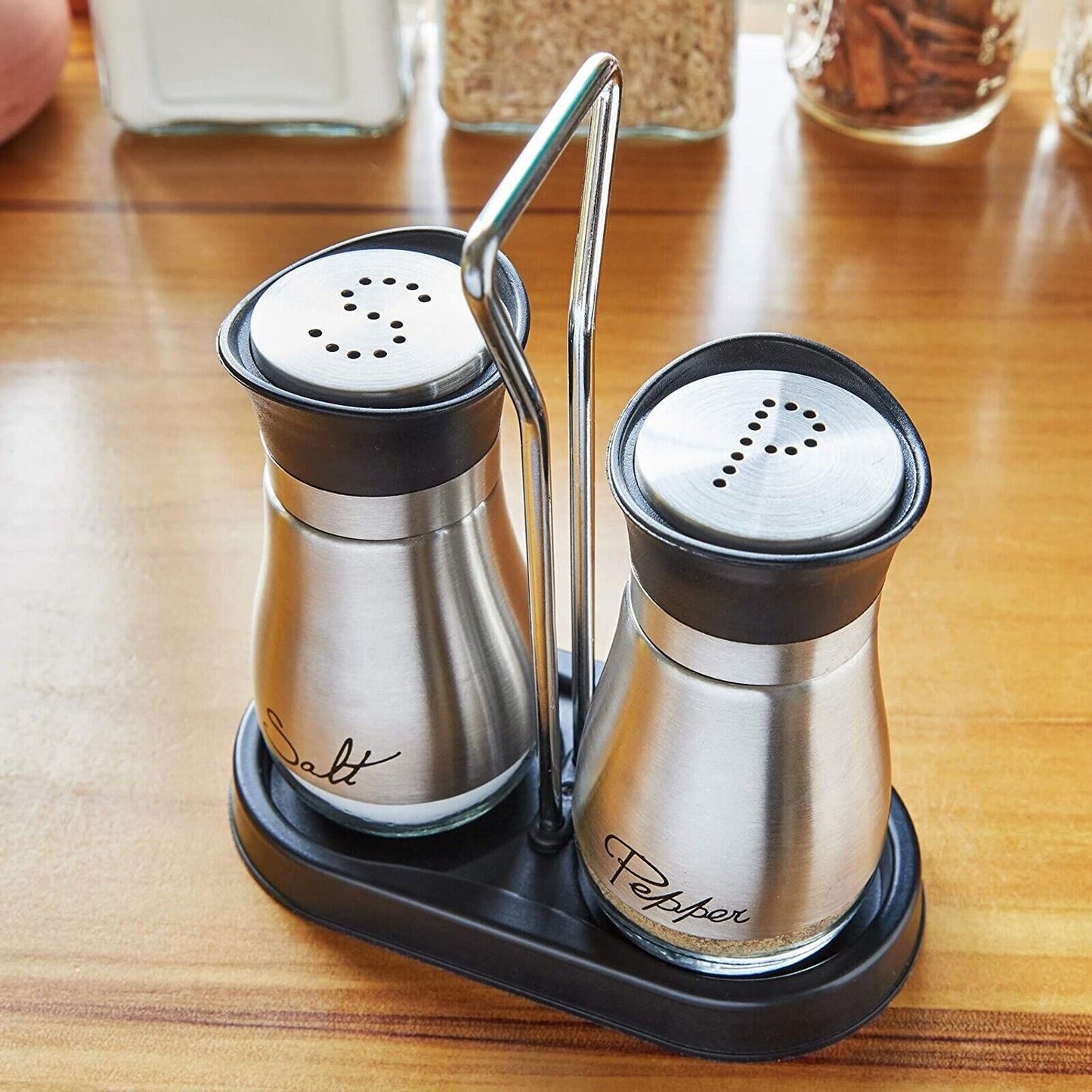 3 Piece Stainless Steel Salt and Pepper Shakers Set with Holder (4 Oz)