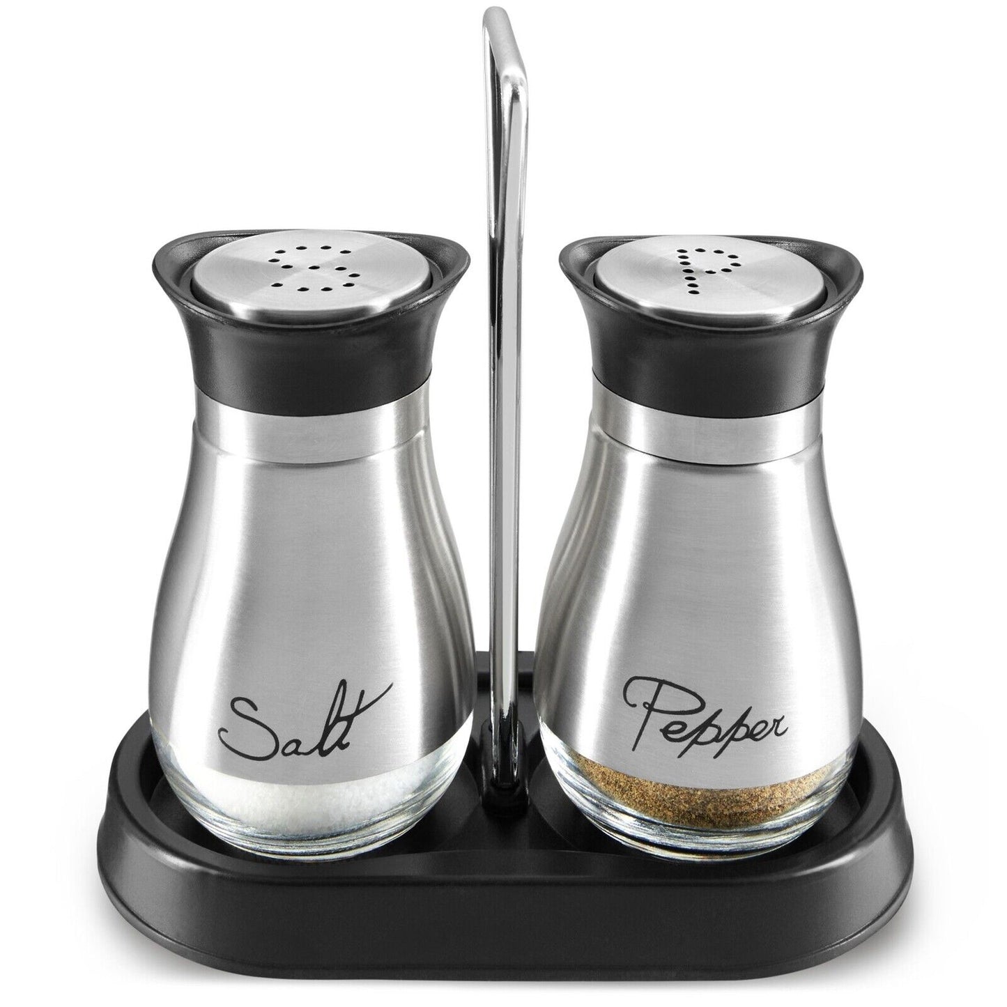 3 Piece Stainless Steel Salt and Pepper Shakers Set with Holder (4 Oz)