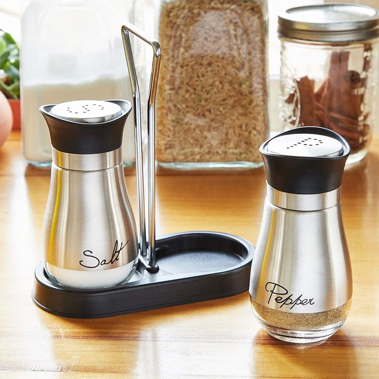 3 Piece Stainless Steel Salt and Pepper Shakers Set with Holder (4 Oz)