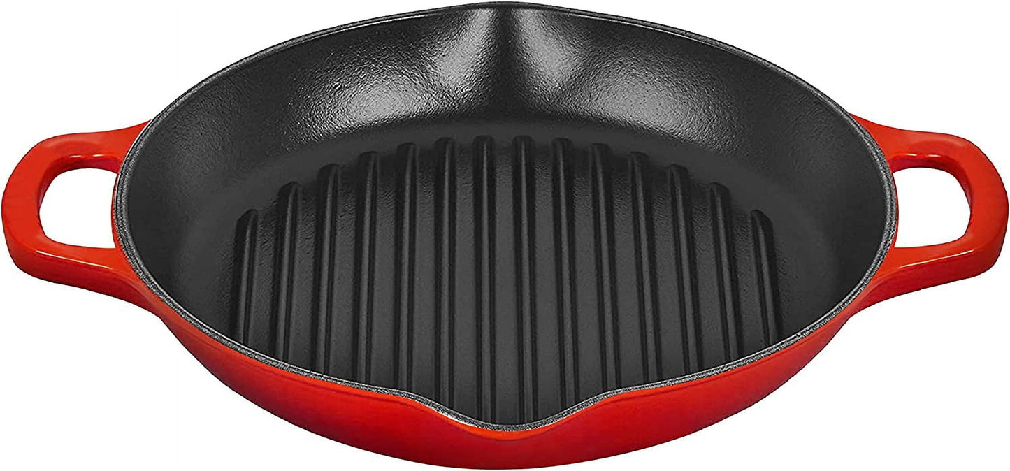 Enameled Deep round Grill Cast Iron Griddle Pan with Glass Lid 10 Inch Non-Stick Round