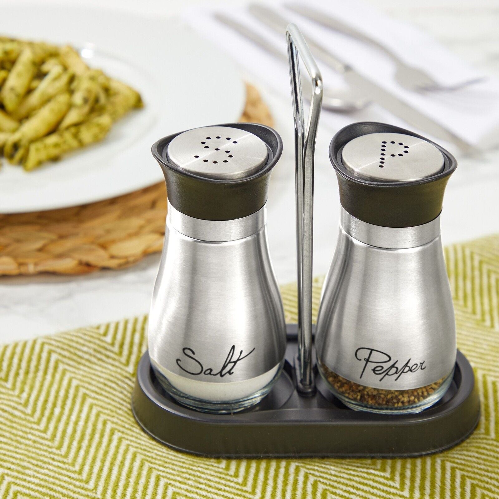 3 Piece Stainless Steel Salt and Pepper Shakers Set with Holder (4 Oz)