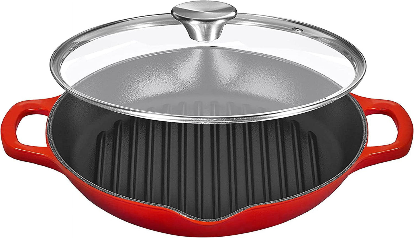 Enameled Deep round Grill Cast Iron Griddle Pan with Glass Lid 10 Inch Non-Stick Round