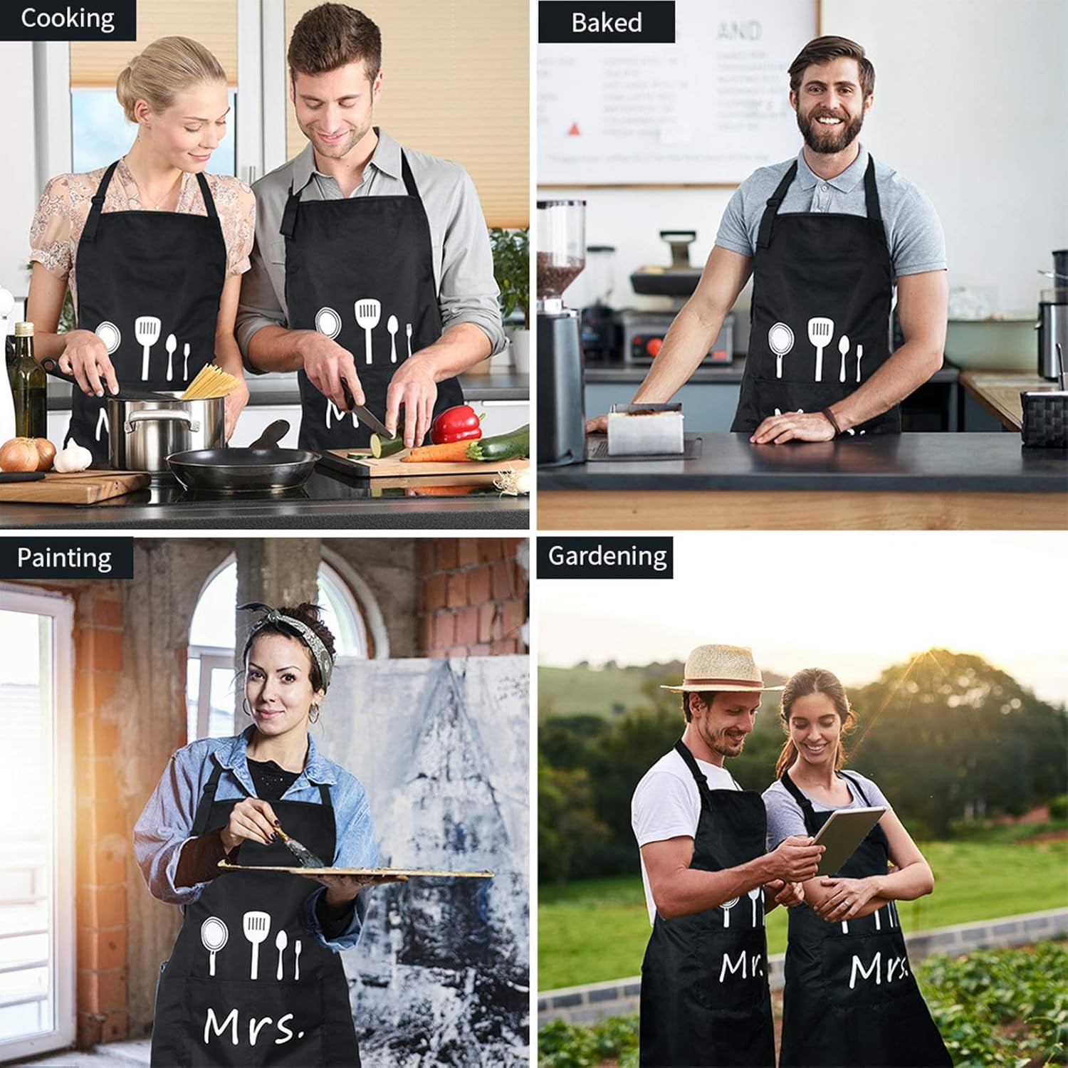 Mr and Mrs Couple Aprons Set, His and Her Adjustable Kitchen Cooking Apron Wedding Bridal Shower Gifts for Couples