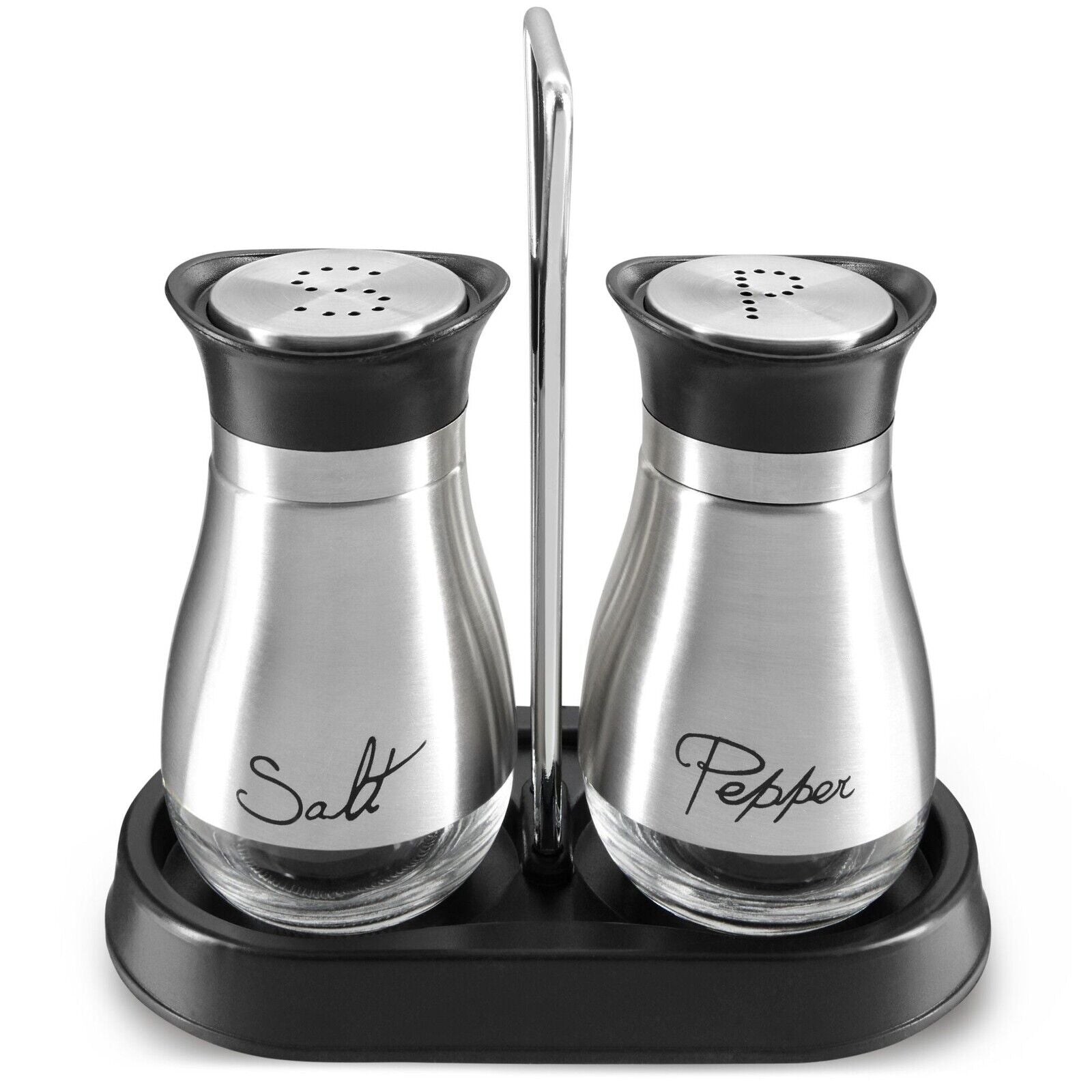 3 Piece Stainless Steel Salt and Pepper Shakers Set with Holder (4 Oz)